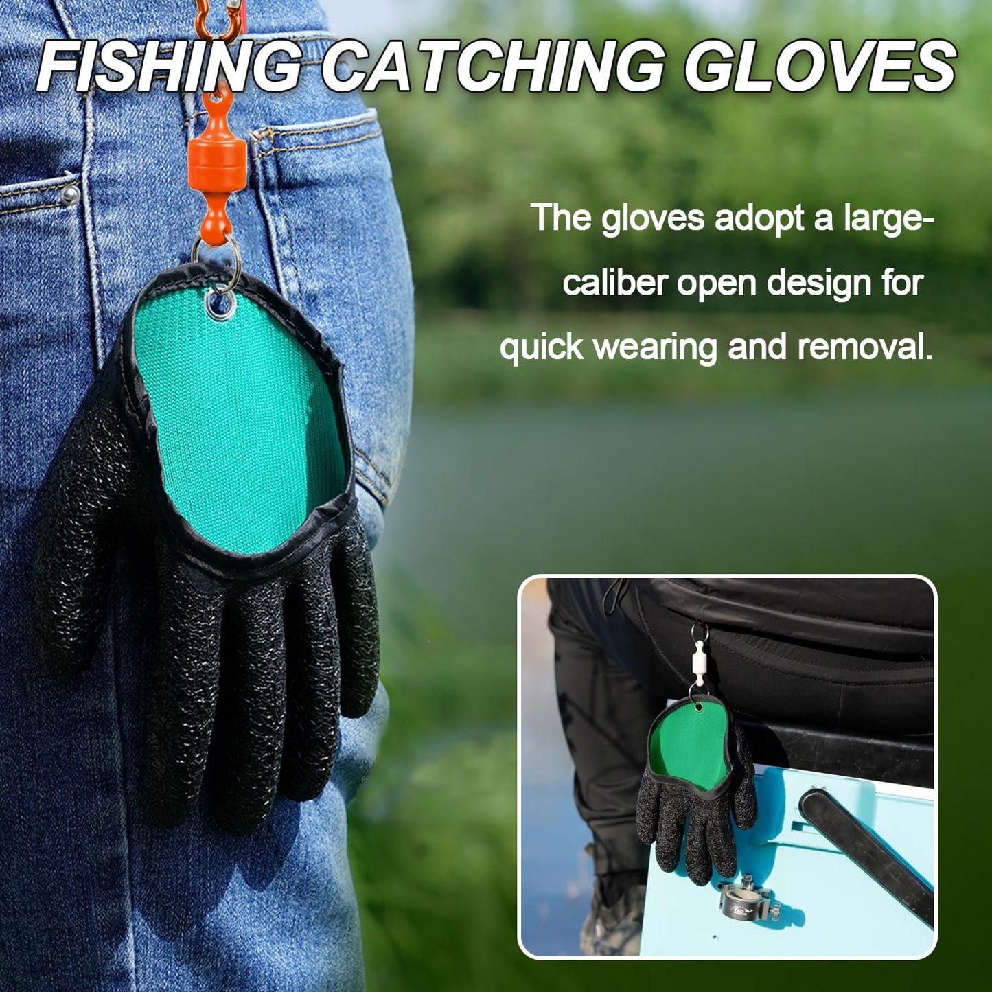 2Pcs Fishing Gloves with Magnet Release, Professional Anti-Slip Catch Fish Gloves for Women Men, Puncture Proof Ice Fishing Glove for Handling,Catching, Fisherman Fishing Accessories (Black)
