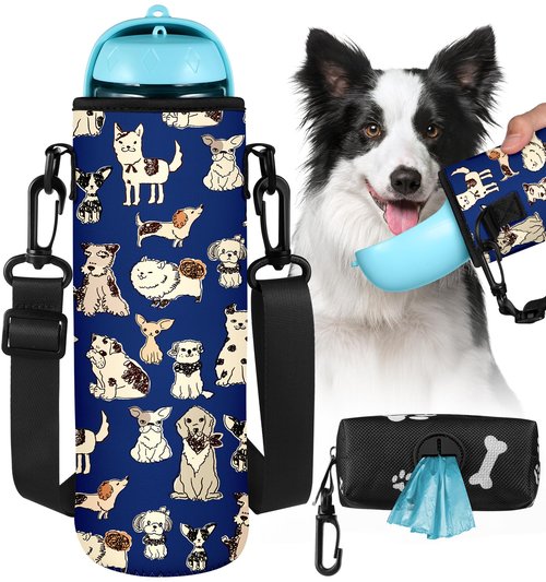 Toykee Portable Neoprene Water Bottle Sleeve - Travel Dog Water Bottle Cover Bag with Puppy Poop Bag Holder, Funny Blue Pet Water Sling Carrier with Adjustable Strap for Walking Hiking