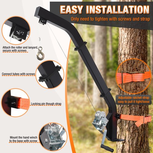 Tree Mounted Deer Hoist for Hunting, 500LBS Hunting Game Hoist Winch Lift, 23FT Steel Cable Heavy Duty Deer Hanger for Skinning, Field Dressing, Included Ratchet Strap Hanging Deer Feeder Hanger