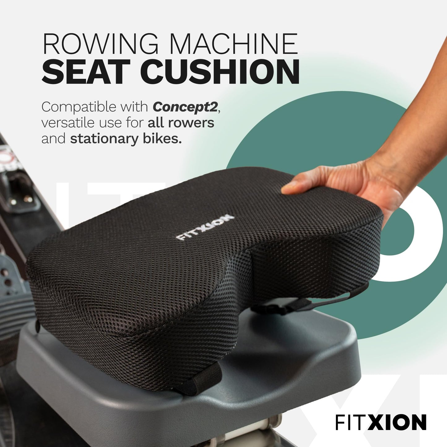 FitXion Rowing Machine Seat Cushion – Ergonomic Tail Bone Comfort Memory Foam Pad for Concept 2, Water Rower, Peloton or Recumbent Bike. Anti-Slip Base, Buckled Straps for Indoor Rowing Workouts