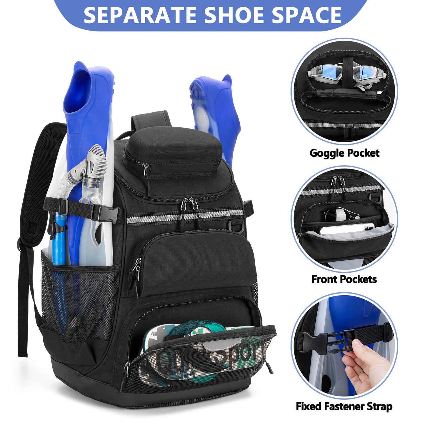 GOBUROS Swim Backpack with Separate Shoe Space, Swim Gear Bag for Swimming Pool, Beach, Swimming Athlete Sports Backpack for Men and Women, Black