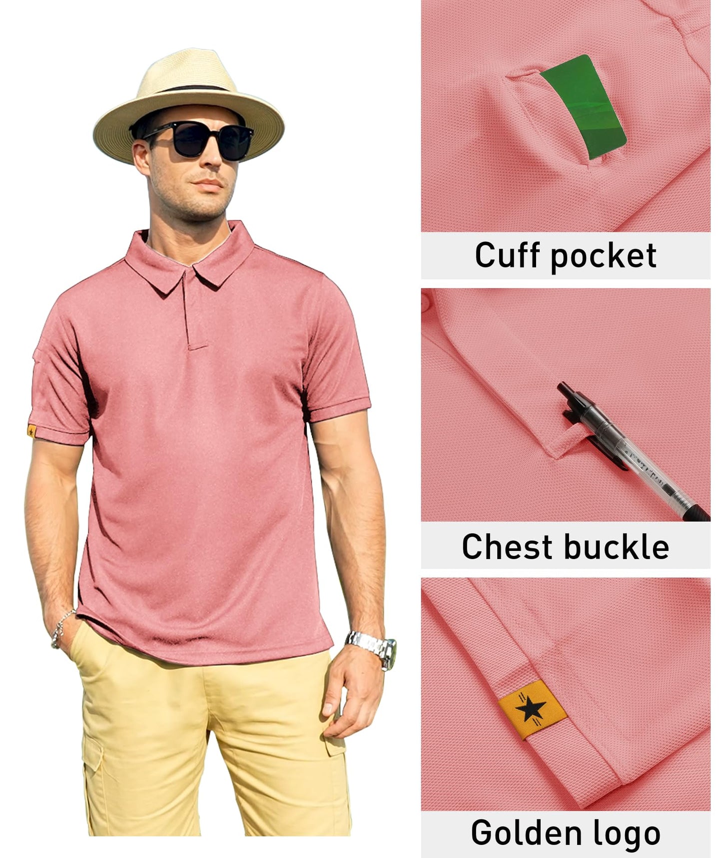 ZITY Mens Polo Shirt Short Sleeve Sports Tactical T-Shirt Athletic Golf Polos Daily Casual Stylish Collared Shirts for Men Coral Red Medium