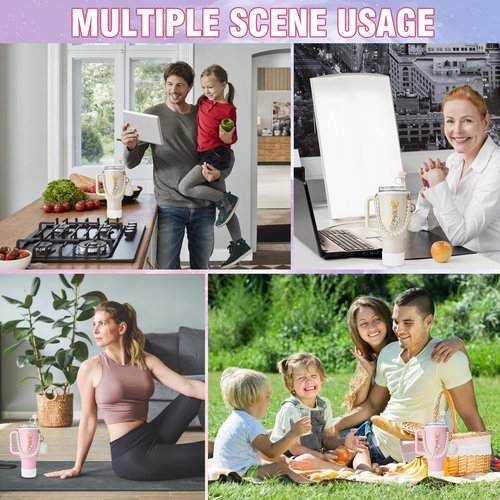 Seocam Compatible with White Stanley Cup Accessories 40 oz, 7pcs of Food-Grade Silicone Straw Cover, Pearls Chain, Bottle Boot, Rubber Cup Ring, Keychains, and Heart Hook, Unique Gifts For Women