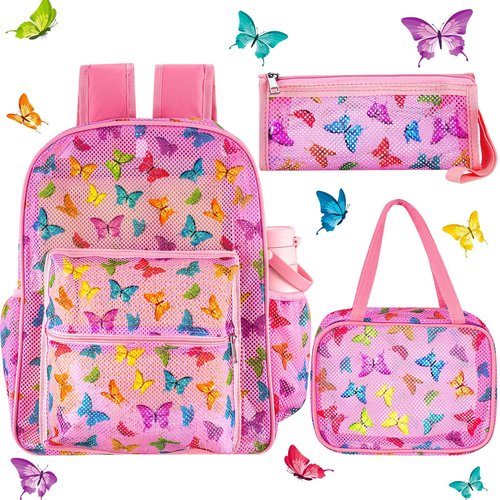 Silkfly 3 Mesh Backpack Set Semi-transparent bag for Women Heavy Duty bookbag with Pocket with Lunch Bag Pencil Case(Butterfly Style)