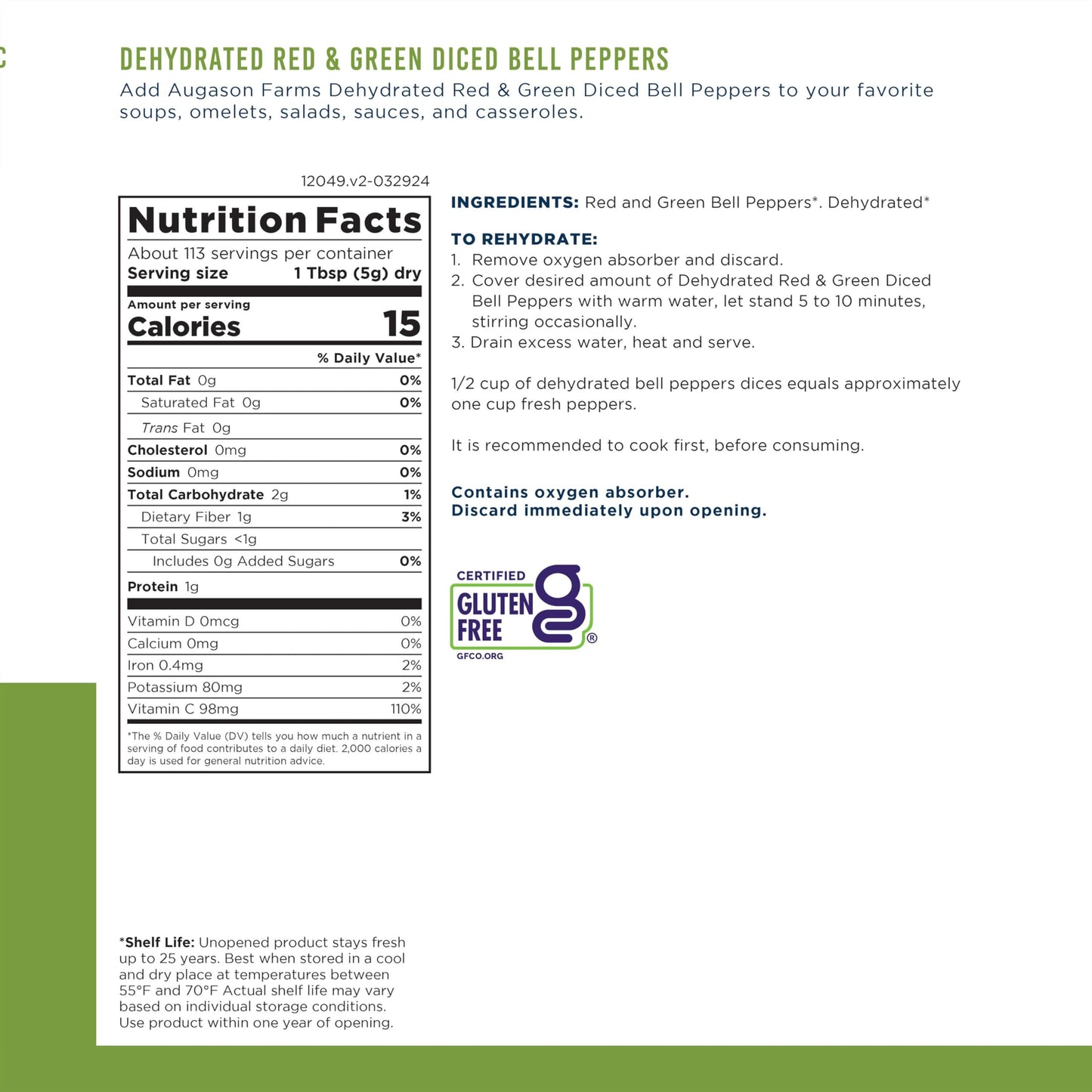 Augason Farms Dehydrated Diced Red & Green Bell Peppers 1 lb 4 oz No. 10 Can (Pack of 2)