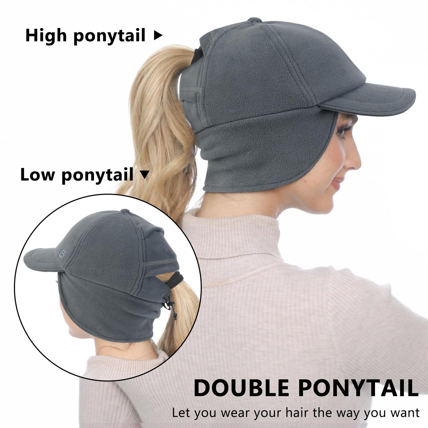 GADIEMKENSD Fleece Winter Hats for Women Reflective Ponytail Hat with Ear Flap Drop Down Ear Warmer Visor Beanie Double Ponytails Hole Baseball Cap for Running Skiing Hiking Dark Grey