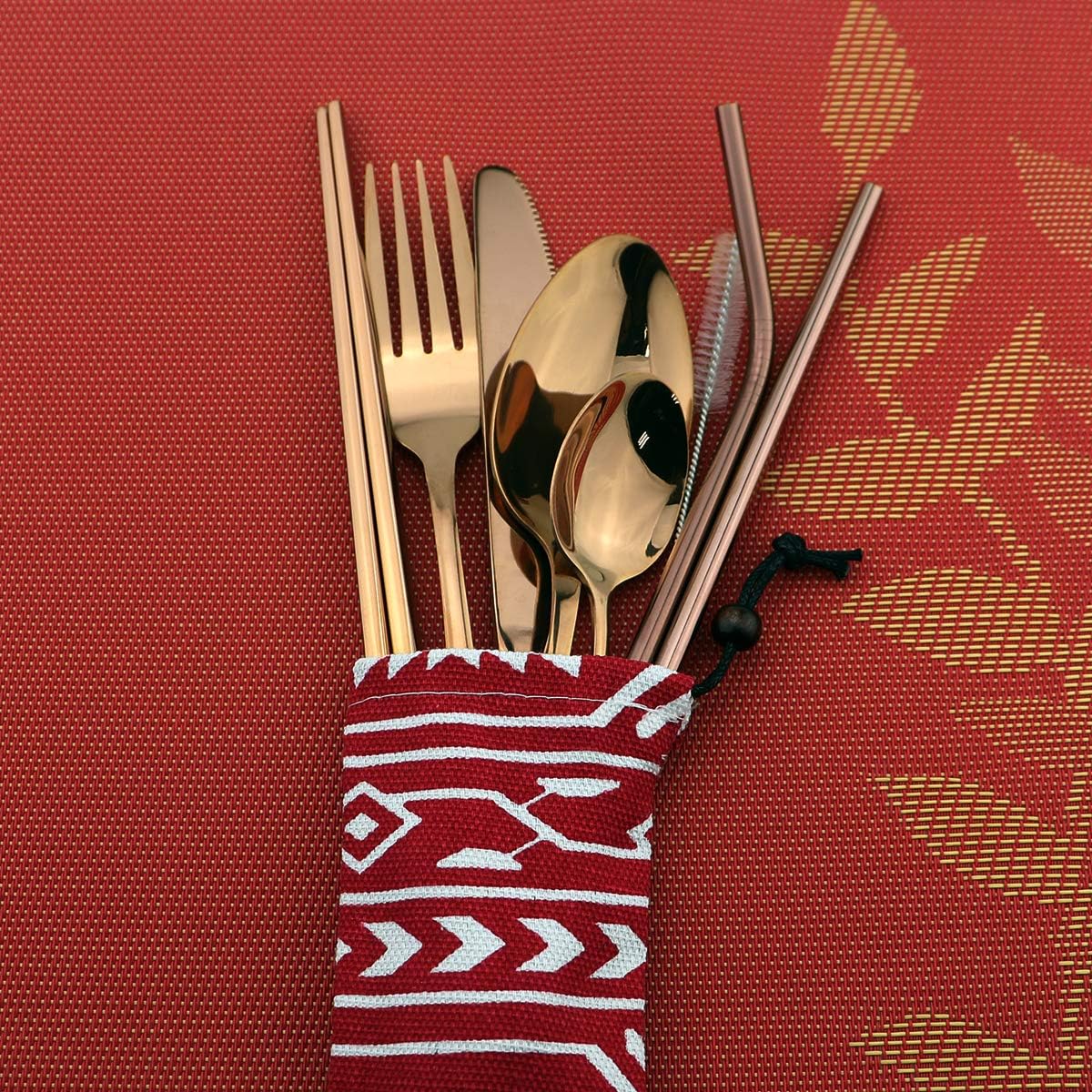 8 Pieces Stainless Steel Mirror Poblished Flatware Set Reusable Cutlery Set Travel Utensils Set with Straws for Camping Office or School Lunch,Dishwasher Safe (Rose Gold)