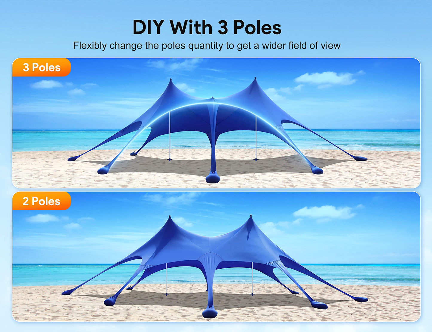Osoeri Beach Tent, 20 x 13ft Camping Sun Shelter UPF50+ with 8 Sandbags, Sand Shovels, Ground Pegs & Stability Poles, Shade Canopy for Trips, Fishing, Backyard Fun or Picnics, Blue