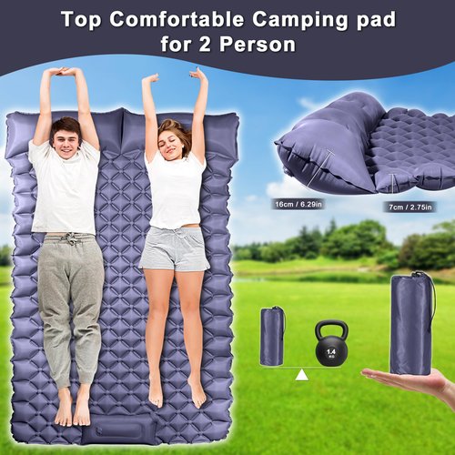 Chasyatzi Double Camping Pads for Sleeping, Ultralight Floor Mattresses for Sleeping with Built-in Pillow Foot Pump, Mattress Foldable for Tent, Backpacking, Hiking, Car Traveling, Navy Blue
