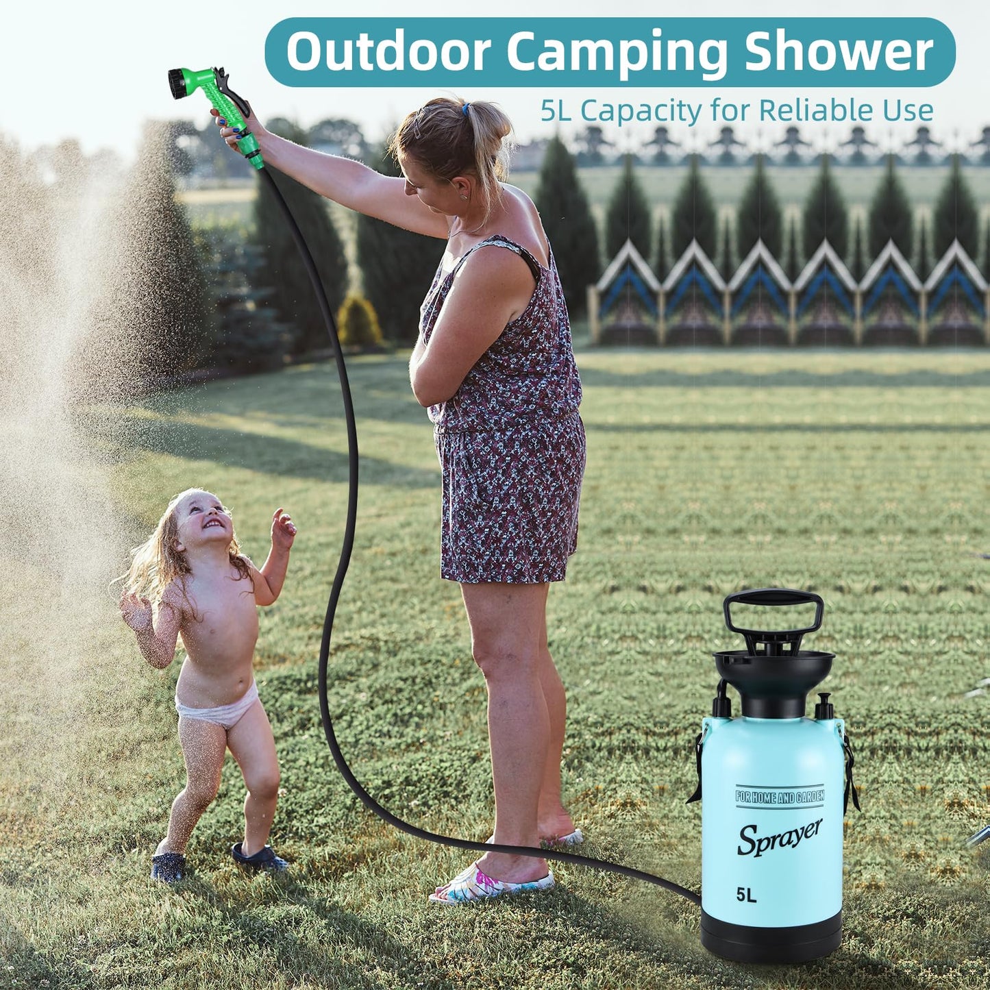 Finderomend Portable Shower for Camping with 7 Spray Modes, 1.3 Gallon Hand Press Camping Shower with Removable Hose and Shower Head,5L