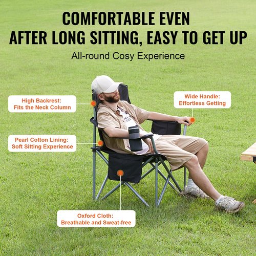 VEVOR Camping Folding Chair, Portable Heavy Duty Outdoor Quad Lumbar Back Padded with Side Pockets, Cup Holder and Cooler Bag for Beach, Lawn, Picnic, Fishing, Backpacking, Black