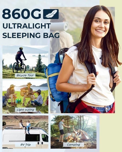 Lightweight 3-Season Sleeping Bag for Adults & Kids - Portable Compact Design for Camping & Hiking (59℉-77℉)