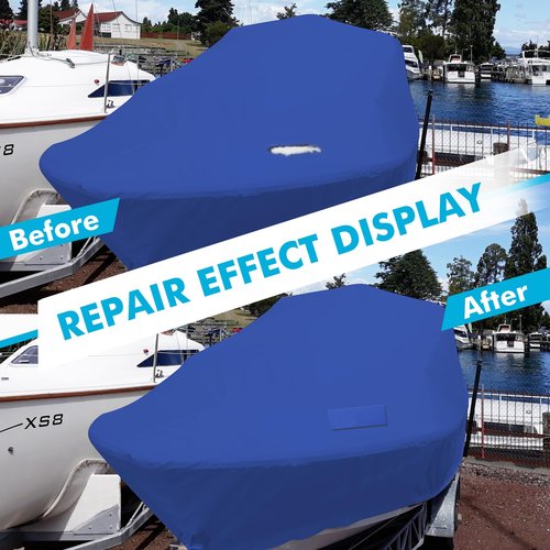 BOATPRO Boat Cover Repair Kit, 600D Super Stick Self-Adhesive Boat Cover Patch Repair Kit for Repairing Pool Cover, RV Cover, Awning, Waterproof Heavy Duty Canvas Repair Kit Blue, 15" x 5",2 Pcs