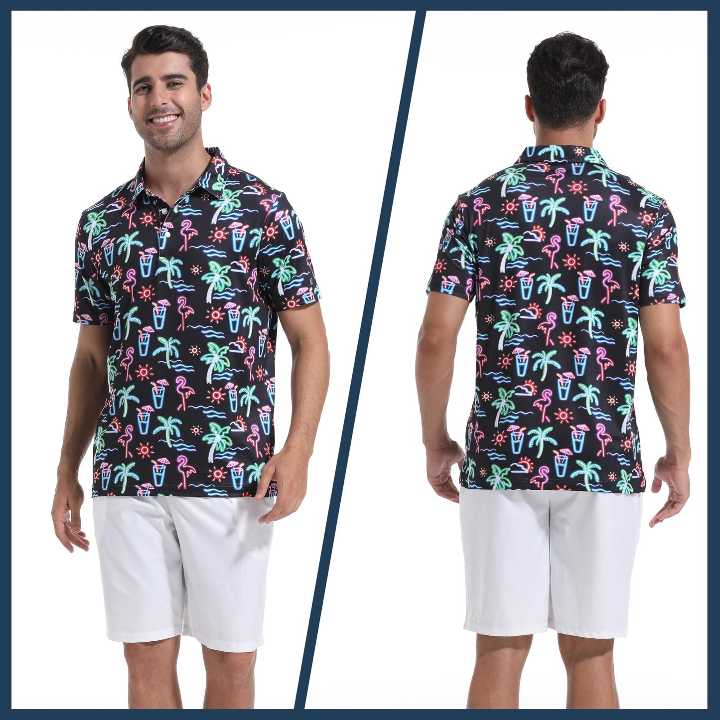 Men's Polo Shirt Short Sleeve Golf Shirt for Men Dry Fit Neon Flamingo Palm Print Casual Collared Mens Golf Polo Shirts Short Sleeve Golfing Polo for Men, 3X-Large