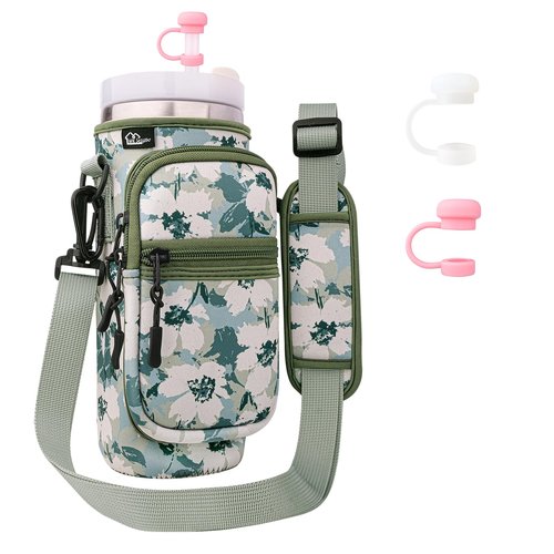 Water Bottle Carrier Bag with Strap Tumble Carrier Bag Pouch with Phone Pocket Strap for Stanley Cup Accessories 40 oz Water Bottle Holder Sling with Strap, 2PC Straw Cover and 1pc Carabiner