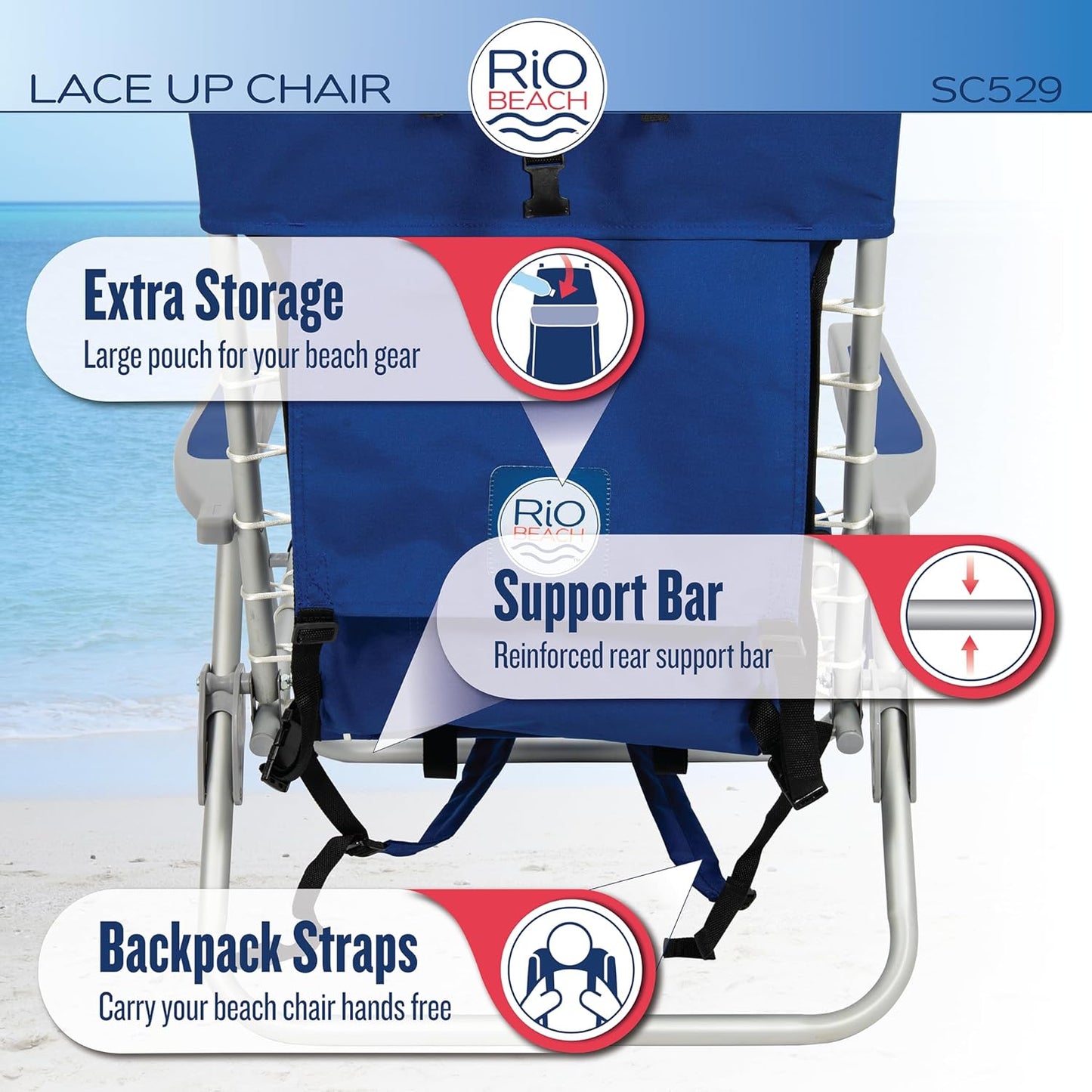 RIO Gear Beach Lace-Up Suspension Folding Beach Chair, Navy , 44.7" x 25.5" x 26.5"