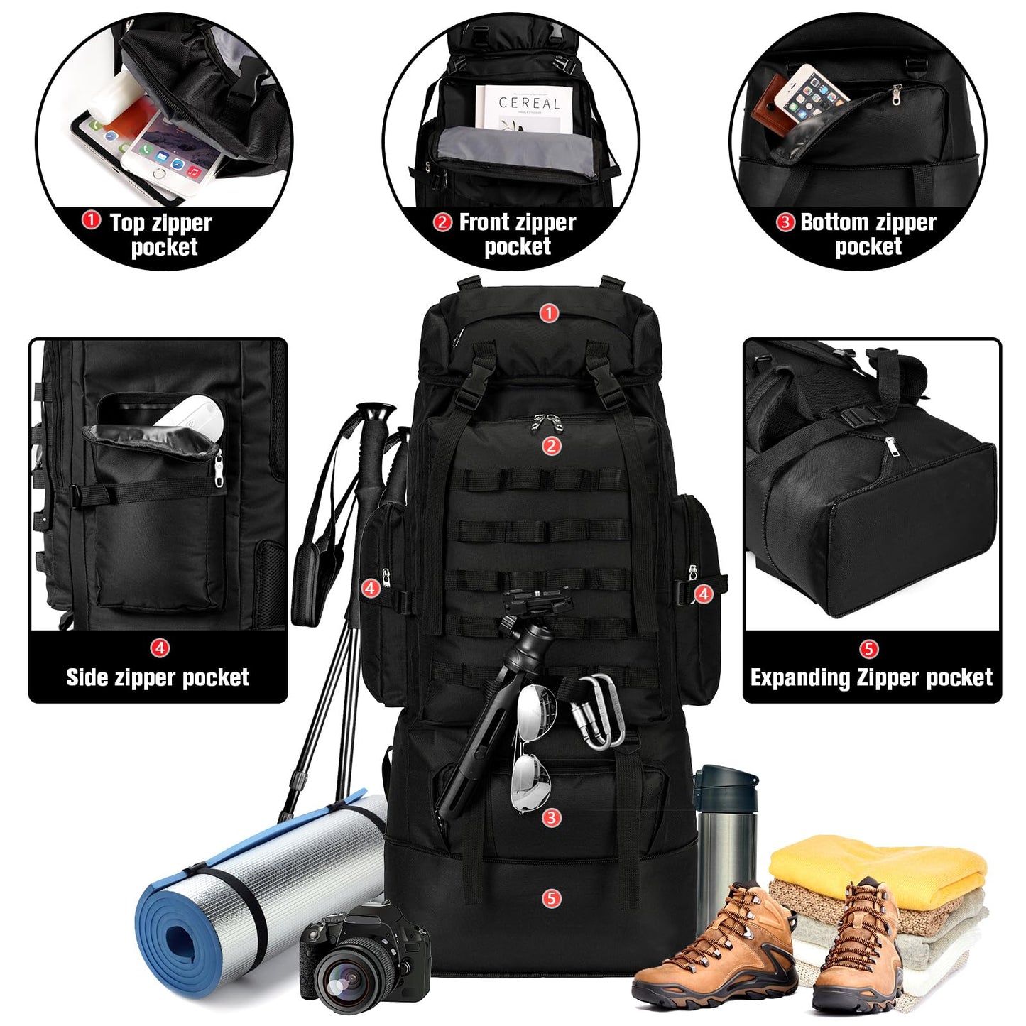 70L/100L Large Camping Hiking Backpack with Rain Cover, Waterproof Molle Rucksack Military Tactical Backpack, Lightweight Backpacking Daypack for Trekking Climbing Outdoor