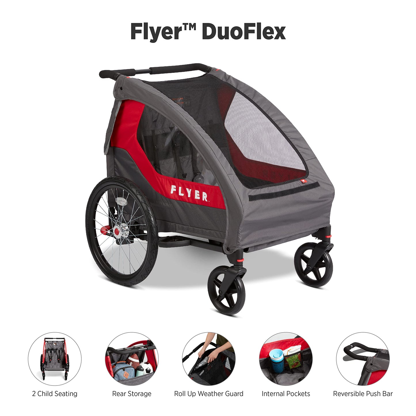 Flyer™ Duoflex 2 in 1 Bike Trailer and Double Stroller for Toddlers, 1+ Years