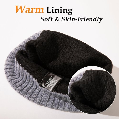 TOP-EX M/L/XL 50% Merino Wool Skull Cap for Men Women Warm Winter Beanie Hats Double Layer Knit Hat with Reflective Strips Soft Cold Weather Hat Large Head Grey