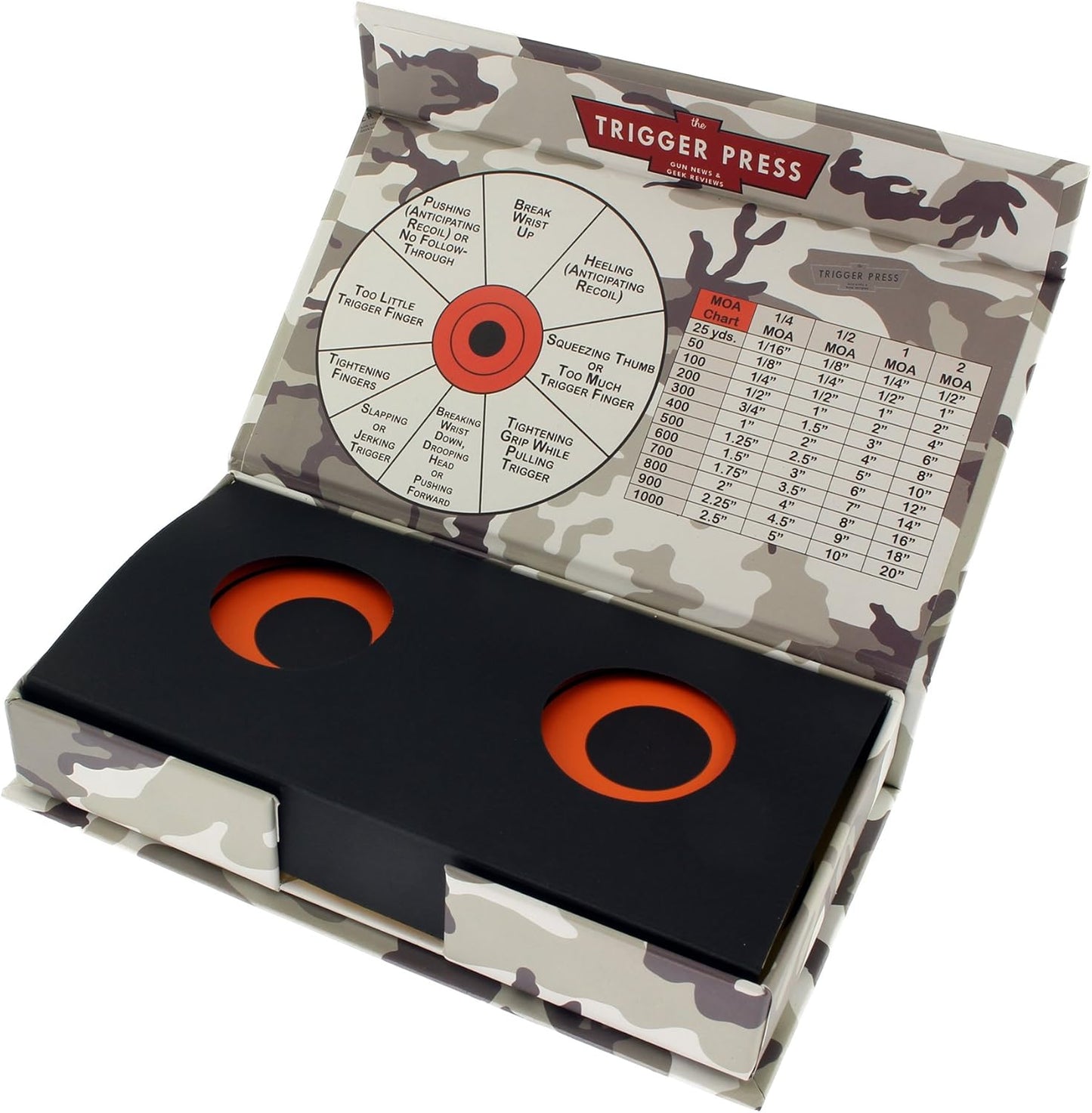 Trigger Press 220 Flat Pack 3 Inch Adhesive - Shooting Target Stickers - Blaze Orange - MOA Accurate - Protective Case with Accuracy Charts