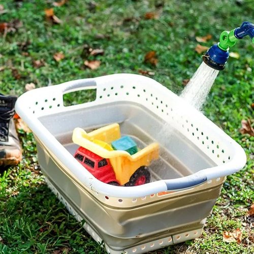 Camco Collapsible Utility Laundry Basket - Waterproof Design Easily Fits Into Compact Spaces | Great for Traveling, RVs, Trailers Camping, Dorms, Small Spaces and More - (51903), White/Gray, Large