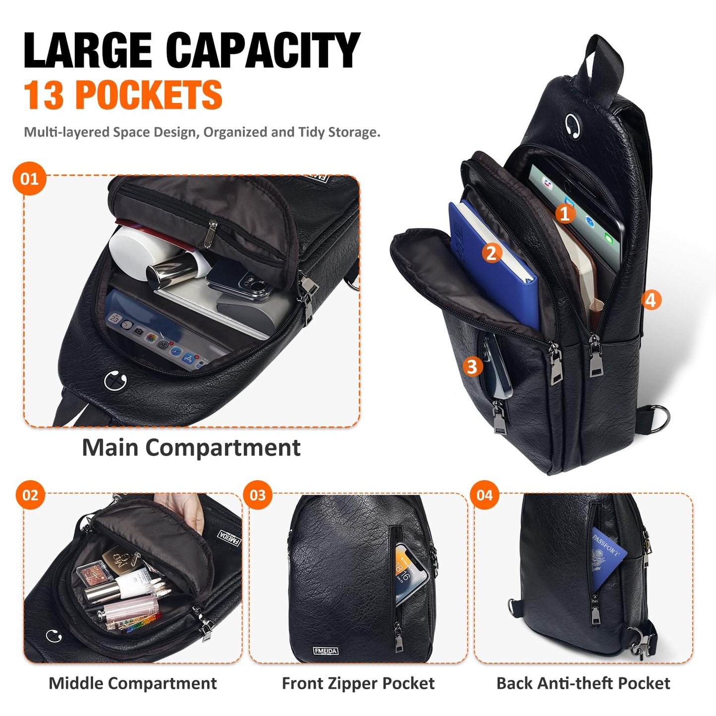 Fmeida Sling Bag for Women, Anti-Theft Crossbody Bag for Women, Sling Backpack Casual Daypack with Convertible Strap - Black