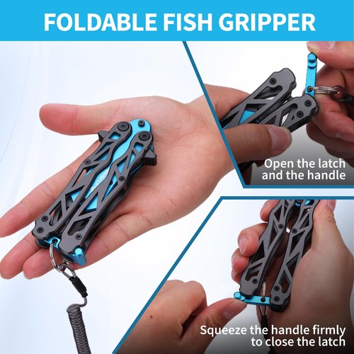 FLISSA Folding Fish Gripper with Lanyard, Lightweight Aluminum Fish Grabber, Portable Fish Lip Gripper Holder for Saltwater and Freshwater Fishing