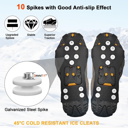 ice Snow Grips: 10 Nail Spikes, Stretchable Snow Grips for Men Women. Ideal for Winter Activities Like Walking, Running, Hiking, Mountaineering, Ice Fishing, or Dog-Walking (M:13-16 W:11-14)