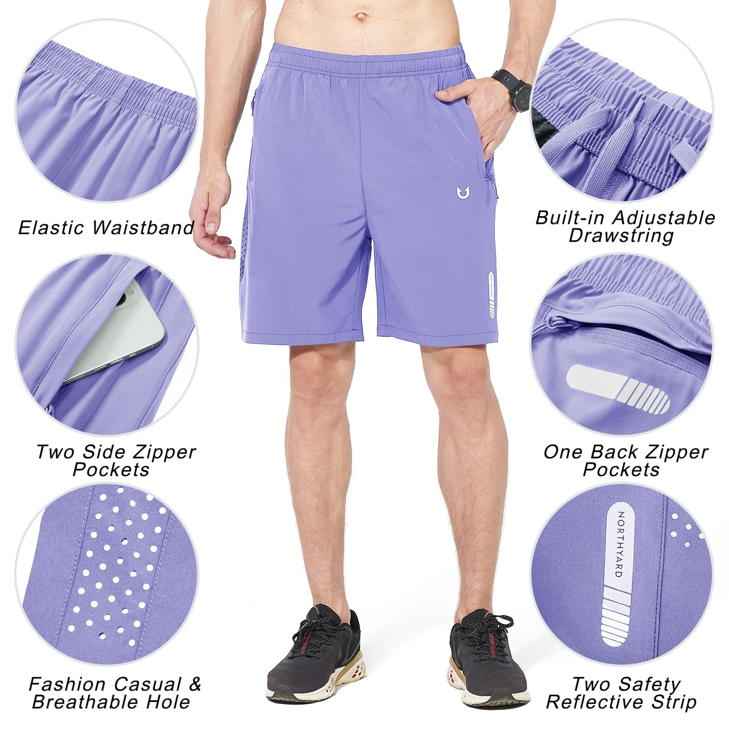 NORTHYARD Men's Athletic Running Shorts Gym Workout 7"/9"/5" Quick Dry Lightweight Sports Basketball Tennis 3 Zipper Pockets Violet 4XL