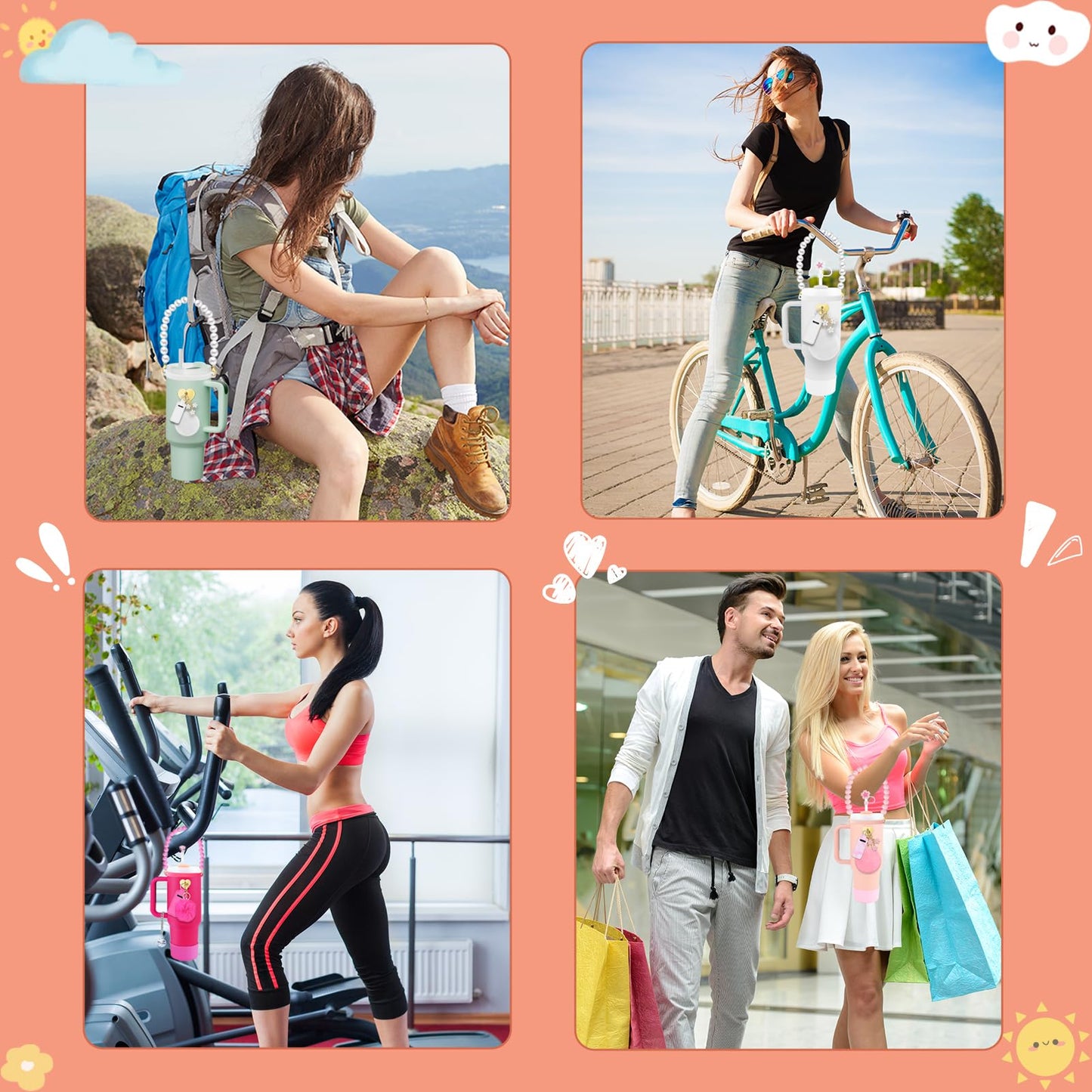 Accessories Set for Stanley Cup All Water Bottle Holder Strap Straw Cover Cap for Stanley Cup Charms Boot Diamond Hot Pink Tumbler 30oz 40oz Accessories Cute Silicone Straw Topper Charms Boot