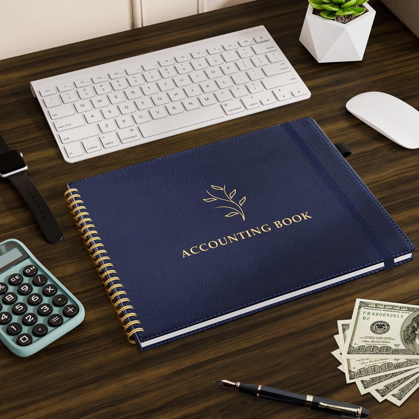 Accounting Ledger Book for Personal & Small Business Bookkeeping, Horizontal Income and Expense Tracker Notebook with Calendar, Hardcover Columnar Log Journal 10.78" x 8", Black