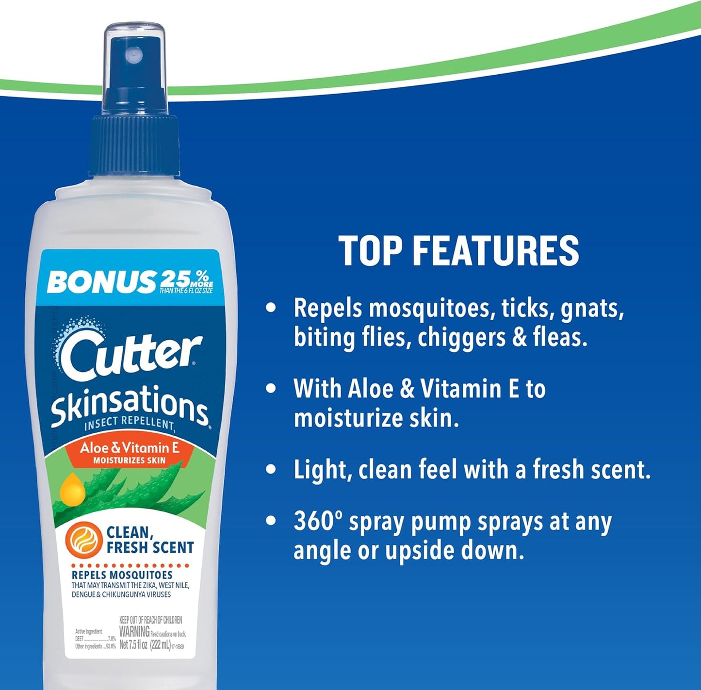 Cutter Skinsations Insect Repellent, Repels Mosquitos, Ticks, Gnats, Fleas, 7% DEET, 2 pack, 6 fl Ounce (Pump Spray)