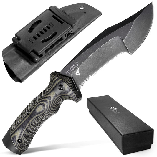 ZUNE LOTOO Full Tang Fixed Blade Tactical Knife for Men, 9.4" Bowie Knife with Kydex Sheath & G10 Handle, 8Cr14mov Survival Hunting Knives for Bushcraft Camping Outdoor Skinning