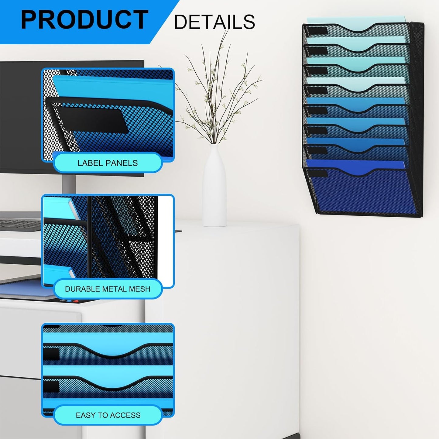 5 Pockets Mesh Hanging Wall File Holder Organizer Wall Mounted Paper Magazine Rack, Black