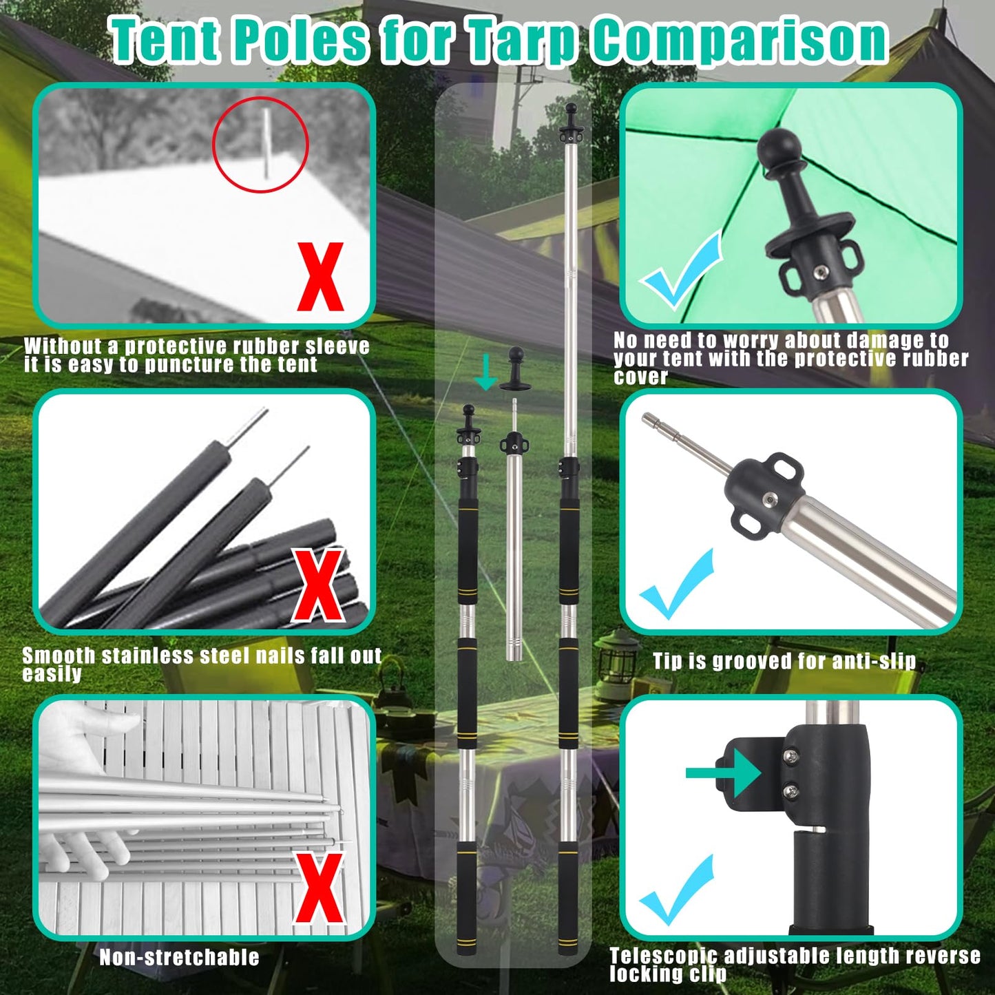 Frebuta Tarp Poles,Tent Poles Set of 2 2ft to 9.5ft Replacement Canopy Poles Heavy Duty Telescoping Tent Poles for Tarp Outdoor Camping Awning Poles Adjustable Sturdy Durable Shade Cloth Poles