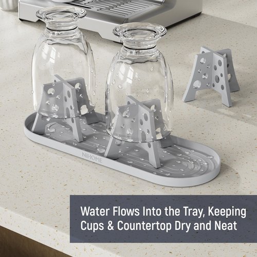 NiHome Silicone Water Bottle Drying Racks, Bottle Dryer Racks Fit for Stanley YETI Cups Owala Sport Bottles, Cheese Style for Faster Drying, Baby Bottles Thermoses Mugs, Set of 3 with Drip Tray (Gray)