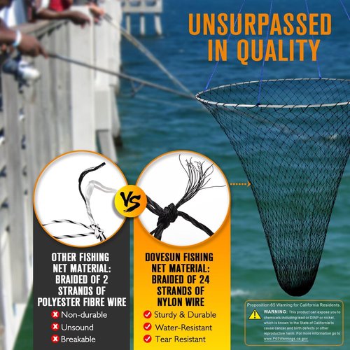 Dovesun Drop Net for Pier Fishing Nylon Portable Pier Net for Bridge Fishing Foldable Landing Neting Kit with Poly Rope Carabiners Stainless Steel Ring Soft Steel Hoop Size 31"