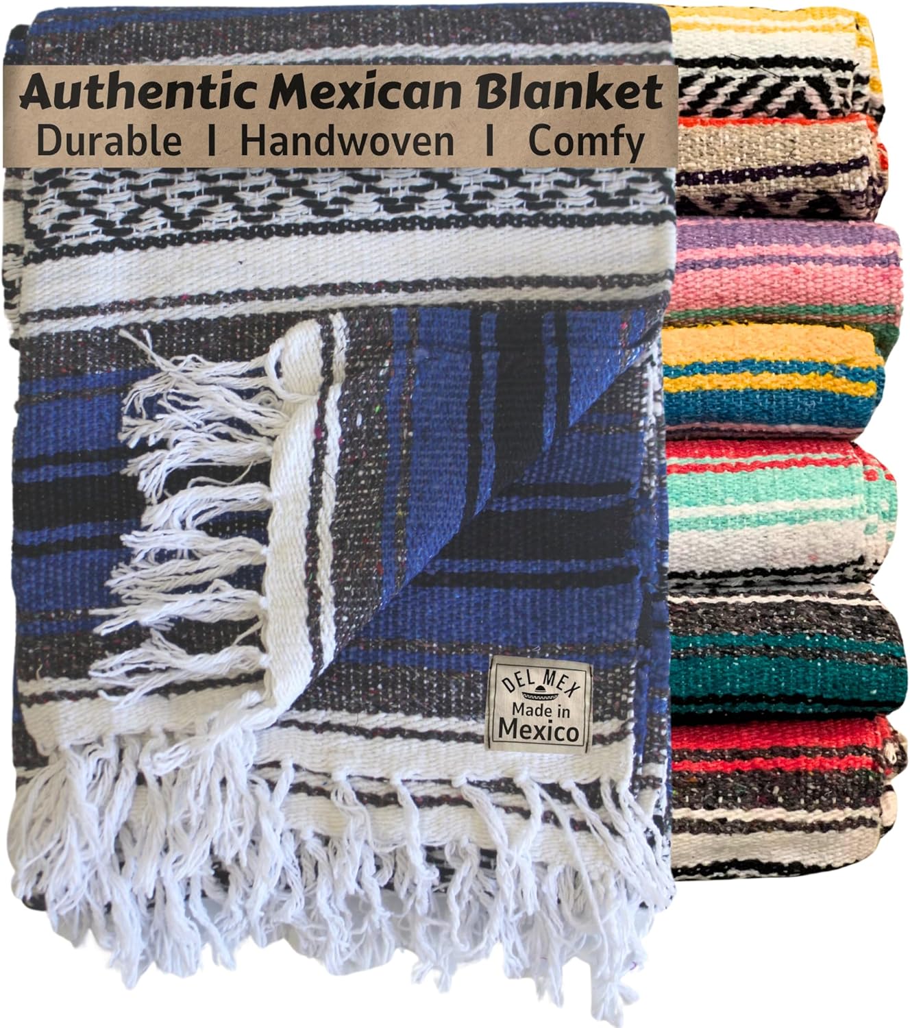 Authentic Del Mex Large Mexican Blanket - Woven Falsa Throw (70"x50") for Beach, Yoga & Outdoor Decor - Pink/Tan