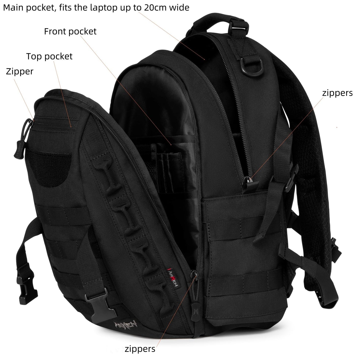 AMHEH 21L Small Tactical Backpack | Fit 12 Inch Laptop, Water Bottle Holder, 1050D fabric, Molle, Daily Work, Travel, Hiking (Black)