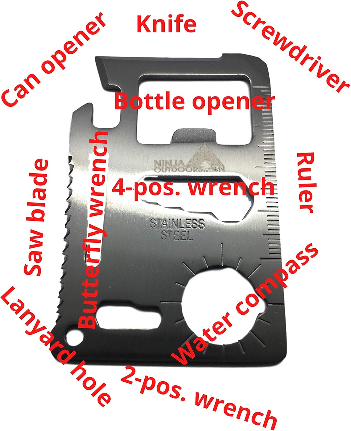 Ninja Outdoorsman 11 in 1 Stainless Steel Credit Card Pocket Sized Survival Multi-Functional Gadget Tool - Great Gift or Stocking Stuffer for Camping, Hiking or Emergency (Single, Silver)