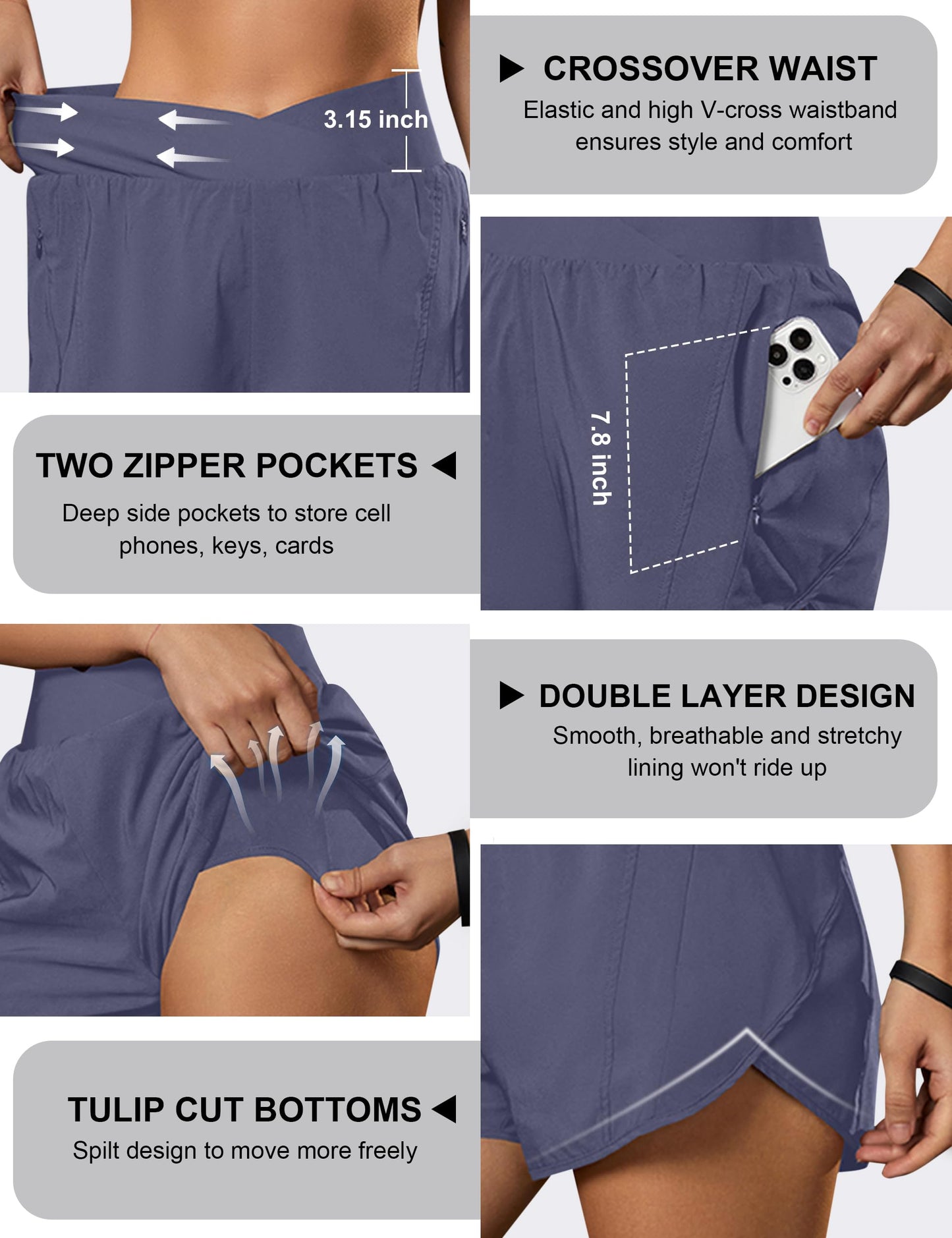 Blooming Jelly Women's Workout Shorts Athletic Running Crossover High Waisted Gym Sport Yoga Shorts with Zipper Pockets (Bluish Grey,X-Small)
