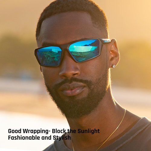 Polarized Sports Sunglasses for Men Women Fishing Running Driving Cycling Sunglasses Theseus TR36 (Matte Black&Ice-blue Lens)
