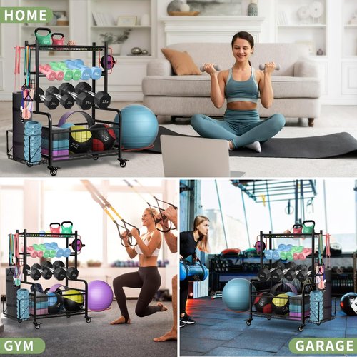 Weight Rack for Dumbbells, Dumbbell Rack Home Gym Storage Stand for Yoga Mat Kettlebells and Strength Training Fitness Equipment, Weight Holder Rack for Dumbbells with Wheels