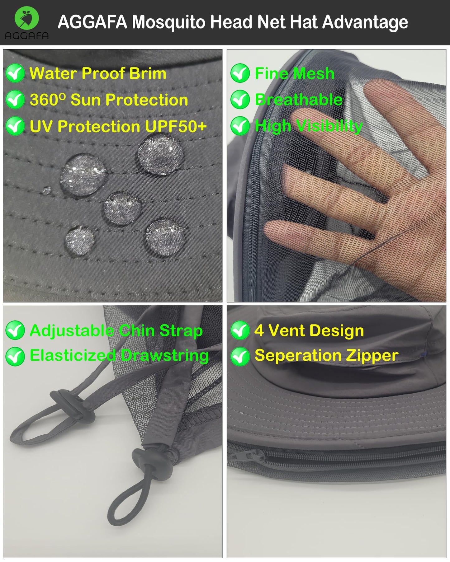 AGGAFA Mosquito Head Net Hat, Providing a Physical Barrier to Help Keep Mosquitoes and Bugs Away from Your Face When Gardening, Farming, Fishing and Camping (Black Color)