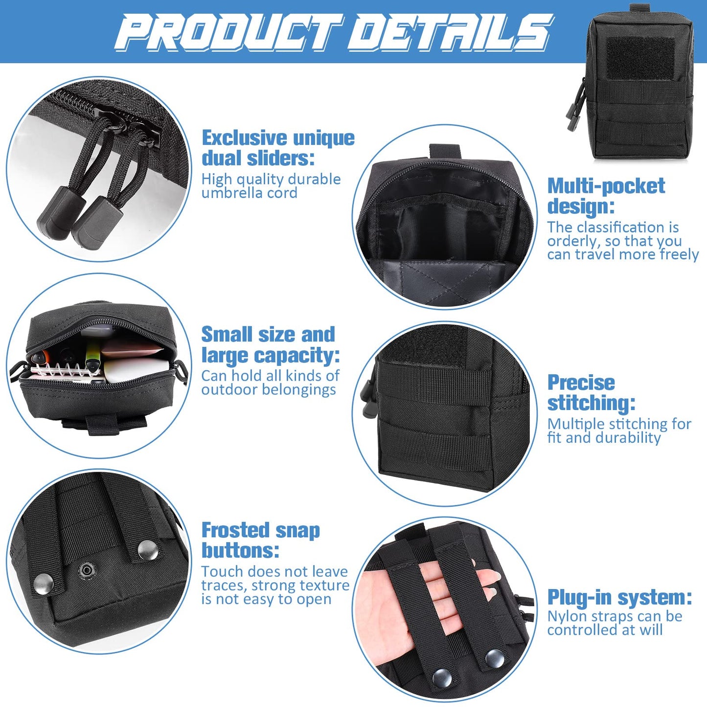Cunno 8 Pcs Molle Pouches Tactical Molle Pouch Vest Pouch Cell Phone Belt Pouch Waterproof Waist Bag Pack Utility EDC Pouch Bag Compact Accessories Gadget Pocket Organizer (Black)