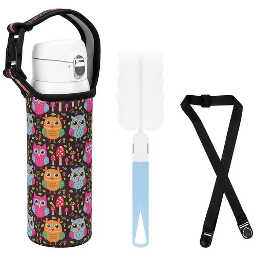 CAIRIAC Cartoon Owl Neoprene Sleeve Bottle Cup Carrier Pouch, Cup Holder Pouch with Carrying Handle, 16oz-21oz Portable Bottle Cooler Cover Holder Strap for Outdoor