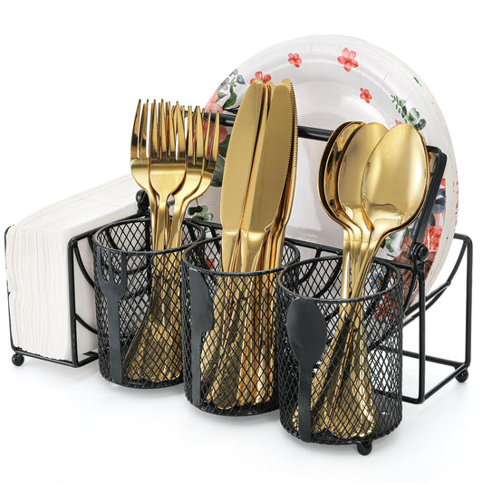 Mezchi Metal Utensil Caddy with 5 Compartments, Black Mesh Silverware Caddy Organizer, Flatware Storage Holder for Napkins, Plates, Party, Camping, Picnic, Buffet, RV, BBQ, Kitchen, Countertop