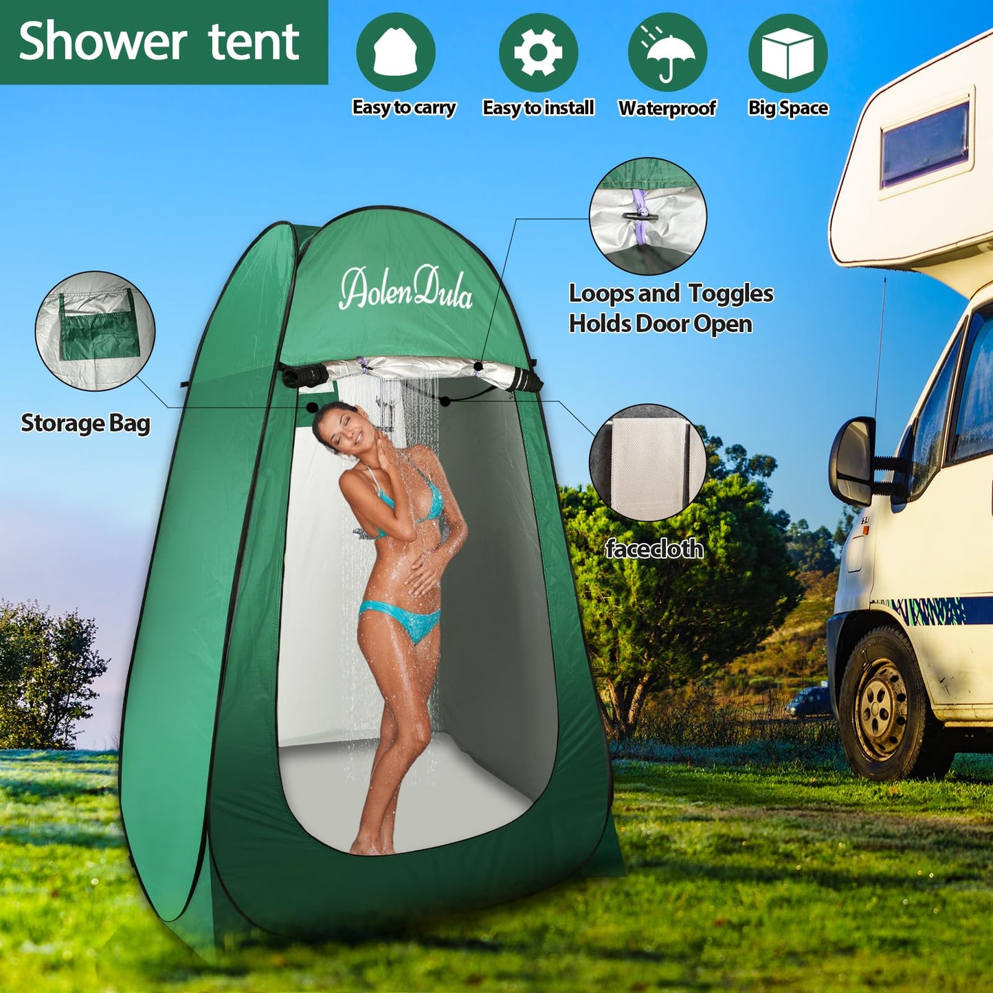 Aolendula Pop Up Privacy Tent - 3000mm Waterproof Instant Changing Room for Camping/Beach, Portable Shower Shelter with Carry Bag & Stakes (6.5lbs Lightweight)