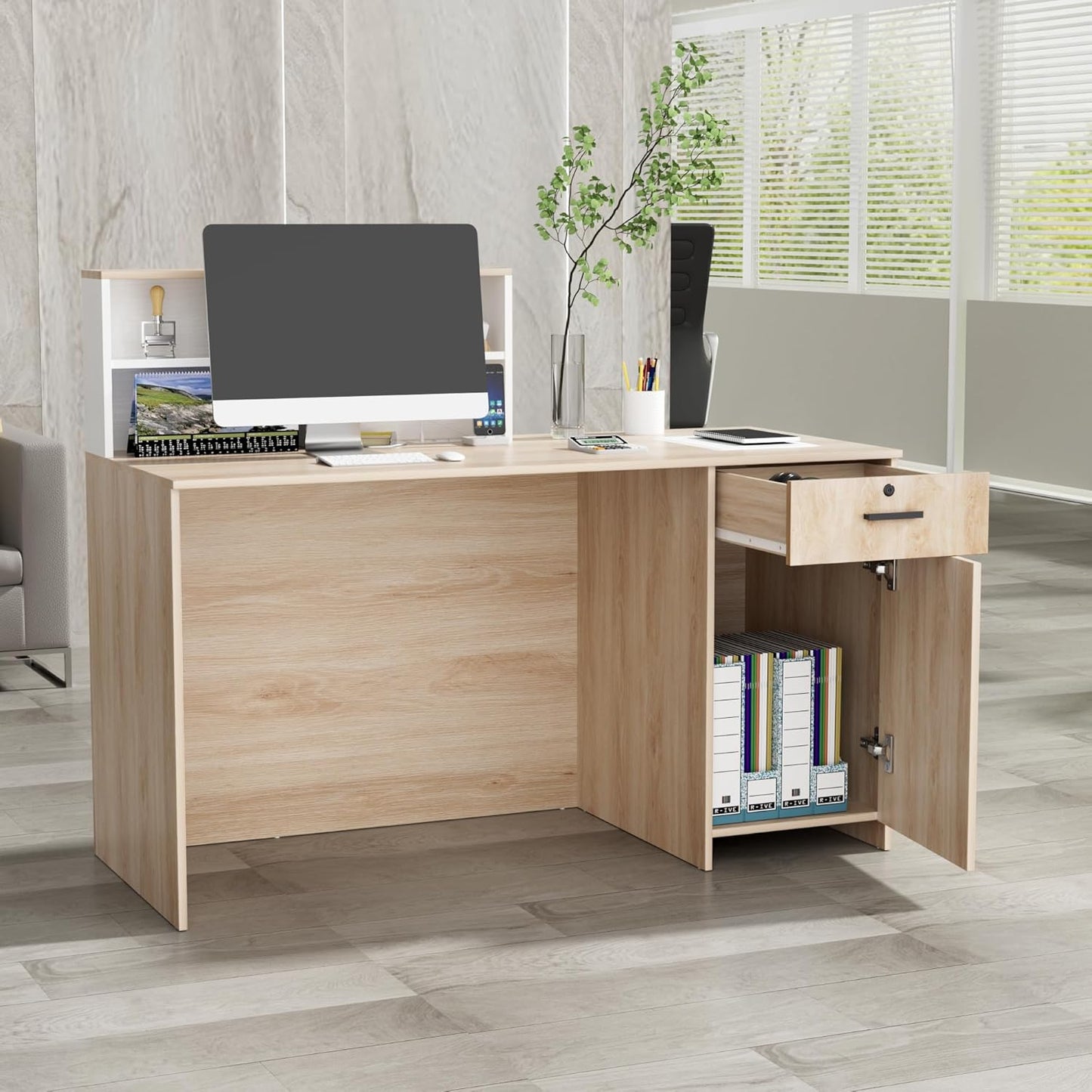 TUSY Modern Reception Desk with Storage Drawers, 55.1" Office Counter with Power Outlets, Contrast Color Secretary Table, Front Desks for Salon, Lobby – White (55.1" W x 23.6" D x 43.3" H)