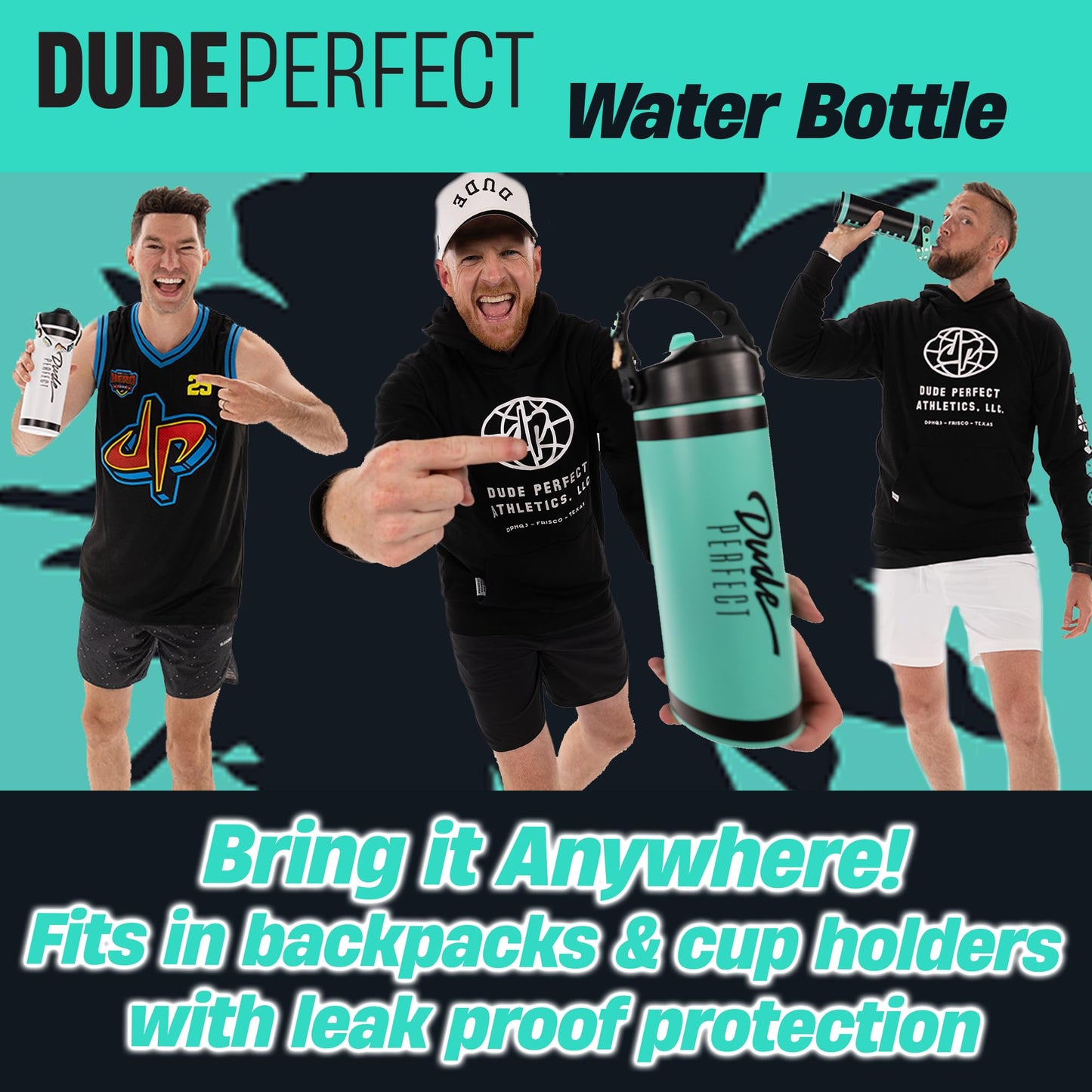 Dude Perfect Water Bottle with Rare Charms | Stainless Steel Double-Wall Vacuum Insulation | Leak Proof Flex Straw Lid | NOGGZ for Carry-Strap | Sports Grip Reusable Travel Cap for Kids | 24 oz Teal